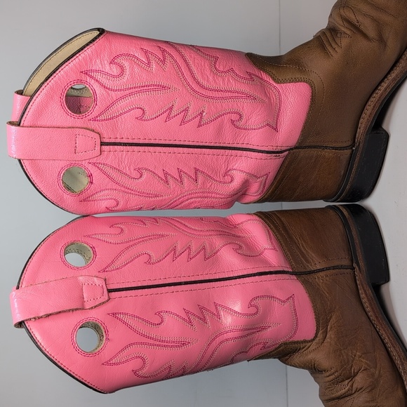 Old West Western sqaure Toe Pink & Brown Cowgirl Boots big girl size 4 - Picture 7 of 16